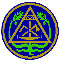 Symbol mit Dreieck, Hammer, Axt und Pflanzenmotiv auf blauem Hintergrund in einem Kreis.