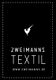Schwarzes Bild mit einem Hahnlogo und dem Text: "ZWEIMANNS TEXTIL www.zweimanns.de".
