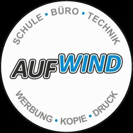Aufschrift "AUFWIND" in der Mitte, umgeben von "SCHULE", "BÜRO", "TECHNIK", "WERBUNG", "KOPIE", "DRUCK".