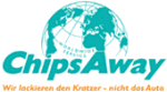 Logo von ChipsAway mit Globus-Motiv und Text: "Wir lackieren den Kratzer - nicht das Auto".