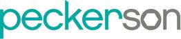 Schriftzug "peckerson" in türkis und grau, mit sechseckigem "o" am Ende.
