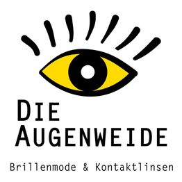 Gelbes Auge mit Strahlen, darunter Text: "Die Augenweide Brillenmode & Kontaktlinsen".