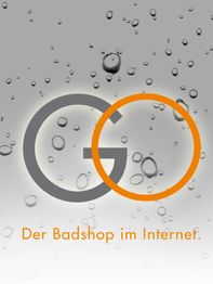 Graues Logo mit Kreis und Schriftzug "Der Badshop im Internet" vor Wassertropfen.