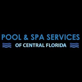 Blue "Pool & Spa Services of Central Florida" text with wave designs on a black background.