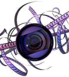 Kameralinse mit dekorativen Filmstreifen in lila Tönen, künstlerisch gestaltet.