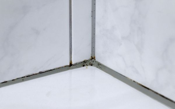 Ein Silikonfuge in einem Badezimmer, die von schwarzem Schimmel befallen ist.