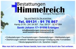 Bestattungsunternehmen Werbung mit Kontaktdaten und Leistungen auf blauem Hintergrund, Himmelmotiv.