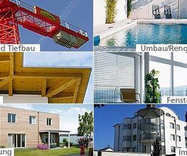 Baubereiche in 6 Bildern: Hochbau, Renovationen, Holzbau, Fenstertechnik, Bauplanung, Immobilien.