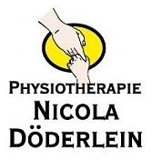 Logo mit zwei Händen und Text: "Physiotherapie Nicola Döderlein" auf gelb-schwarzem Hintergrund.