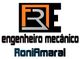 Logo com as letras "RE", "engenheiro mecânico" e "RoniAmaral" em diferentes cores e fontes.