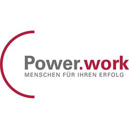 Firmenlogo mit rotem Halbkreis und Text "Power.work - Menschen für Ihren Erfolg".