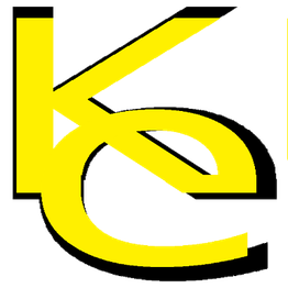Gelbes, stilisiertes „kc“-Logo auf weißem Hintergrund mit schwarzem Schatten.