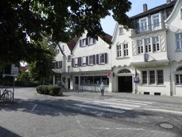 Gepflasterte Straße mit Zebrastreifen, traditionellen Häusern und einem Gehenden unter Bäumen.
