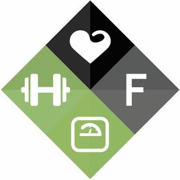 Logotipo con símbolos de corazón, pesa, letra "F" y báscula en un diseño de rombos verdes y negros.