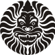 Schwarz-weißes Masken-Design in kreisförmigem Muster mit stilisiertem Gesicht und strahlenartigen Linien.