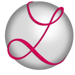 Grauer Ball mit rotem, geschwungenem "L" in der Mitte.