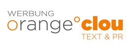 Logo mit Schriftzug "WERBUNG orange clou TEXT & PR" in Grau und Orange.