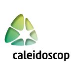 Logo mit grünem, dreiteiligem Symbol über dem Text "caleidoscop", Weißer Hintergrund.