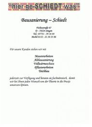 „Hier ge-SCHIEDT was“ Werbung für Bausanierung mit Dienstleistungen und Kontaktinformation.