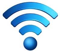 WLAN-Symbol mit blauen Wellenlinien und einem Punkt darunter auf weißem Hintergrund.