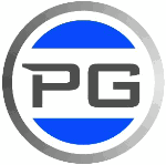 Blau-weißes Logo mit grauem Rand und den Buchstaben „PG“ in der Mitte.