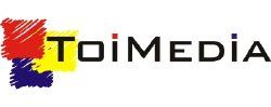 Logo von ToiMedia mit bunten, abstrakten Formen in Rot, Gelb und Blau.