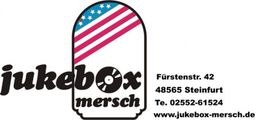 Logo von Jukebox Mersch mit Adresse und Kontaktinformationen, amerikanische Flagge im Hintergrund.