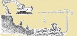 Cartone di operai e gru che costruiscono un muro di mattoni con un escavatore.