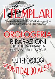 Locandina di un negozio di orologi, con offerte su riparazioni e sconti dal 30% al 50%.