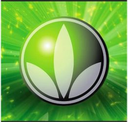 Logo verde e bianco con simbolo a foglia su sfondo dalla texture luminosa.