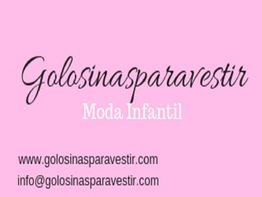 Texto en fondo rosa: "Golosinasparavestir, Moda Infantil" con sitio web y correo electrónico.