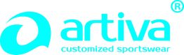 Logo von Artiva in türkiser Schrift mit dem Text "customized sportswear".