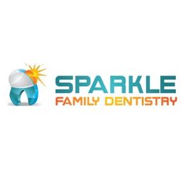 Tooth logo with sunburst, text: "Sparkle Family Dentistry" in teal and orange.