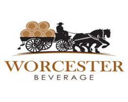 Horse-drawn wagon with barrels, "Worcester Beverage" text below.
