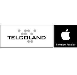 "Telcoland-Logo neben Apple Premium Reseller-Logo, schwarz-weiß gestaltet."