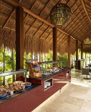 Buffet tropical bajo techo de palapa, mesas al fondo rodeadas de vegetación exuberante.