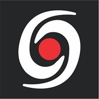 Abstract swirl design with white curves and a red dot at the center on a black background.