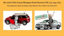 Auto title loan ad with a toy car, coins, and a happy woman beside a car marked "approved."