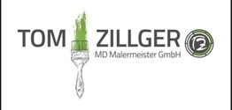 Logo mit Pinsel und grünem Farbstrich, Text: "Tom Zillger MD Malermeister GmbH".