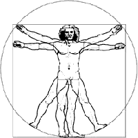 Abbildung eines Menschen mit ausgestreckten Armen und Beinen in einem Kreis und Quadrat.