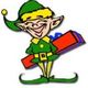Elfo felice in abito verde e cappello, porta un grande regalo rosso e blu.