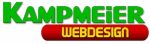 Grünes "Kampmeier" und rotes "Webdesign" auf gelbem Hintergrund.