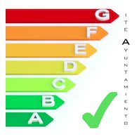 Escala de eficiencia energética de colores, de la G roja a la A verde, con marca de verificación.