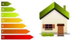 House with energy efficiency rating, A to G, in green to red bars.