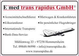 Visitenkarte der E med trans rapidus GmbH mit Dienstleistungen und Kontaktinformationen.