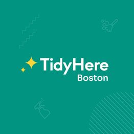 Green background with "TidyHere Boston" text and cleaning icons.