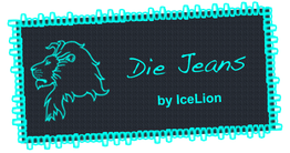 Ein Löwenkopf neben dem Text "Die Jeans by IceLion" in türkis auf schwarzem Hintergrund.
