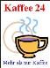 Tasse Kaffee mit Dampf und Text "Kaffee 24, Mehr als nur Kaffee".