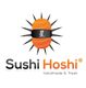 Logotipo de Sushi Hoshi: sushi con rayos y texto "handmade & fresh" en fondo blanco.