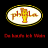 Logo mit goldener Vase, Text: "phiala", darunter "Da kaufe ich Wein" auf schwarzem Hintergrund.